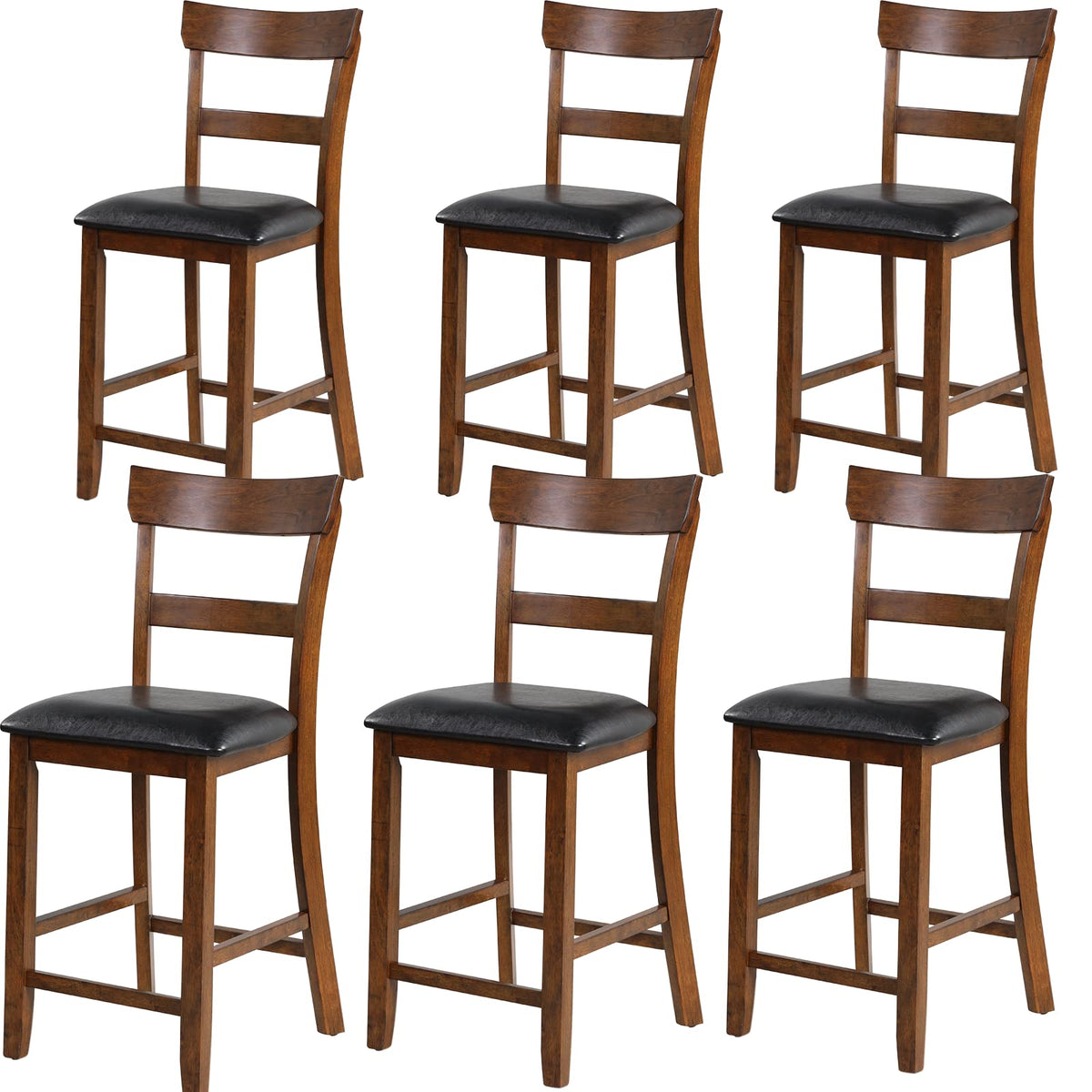 Nafort Counter Height Bar Stools Set Of 6, Farmhouse 25.5” Solid Wood High Dining Chairs With Cushion, Counter Stools With Back For Kitchen Restaurant Bar, Rubberwood Legs & Black Pu Leather Cushion