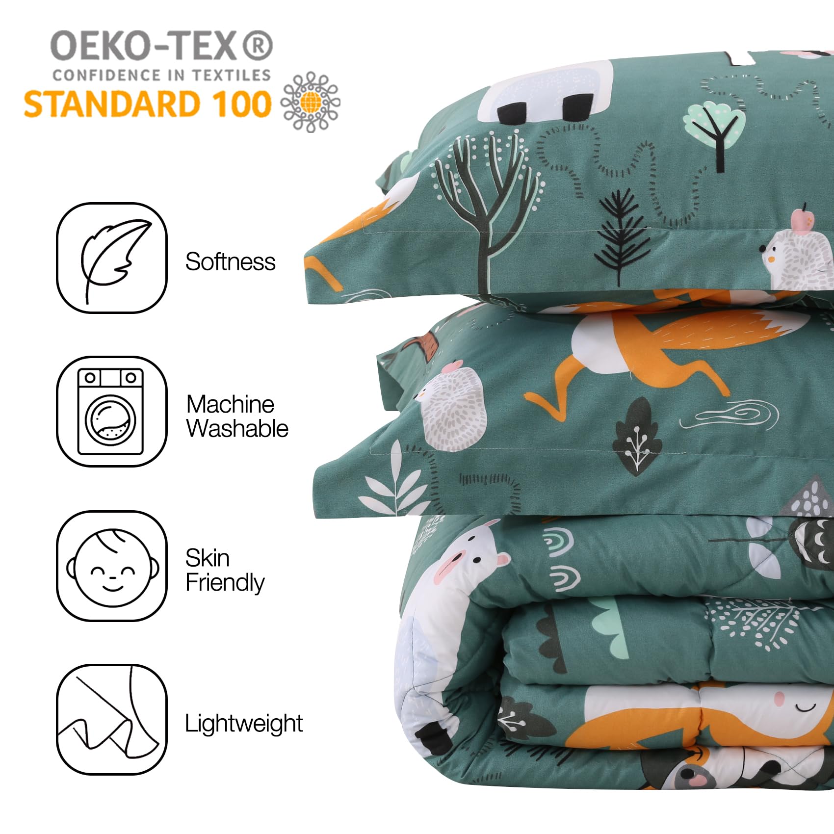 Jsd Green Forest Animals Kids Comforter Set Queen Size, 3 Piece Woodland Printed Microfiber Bedding Set, Machine Washable