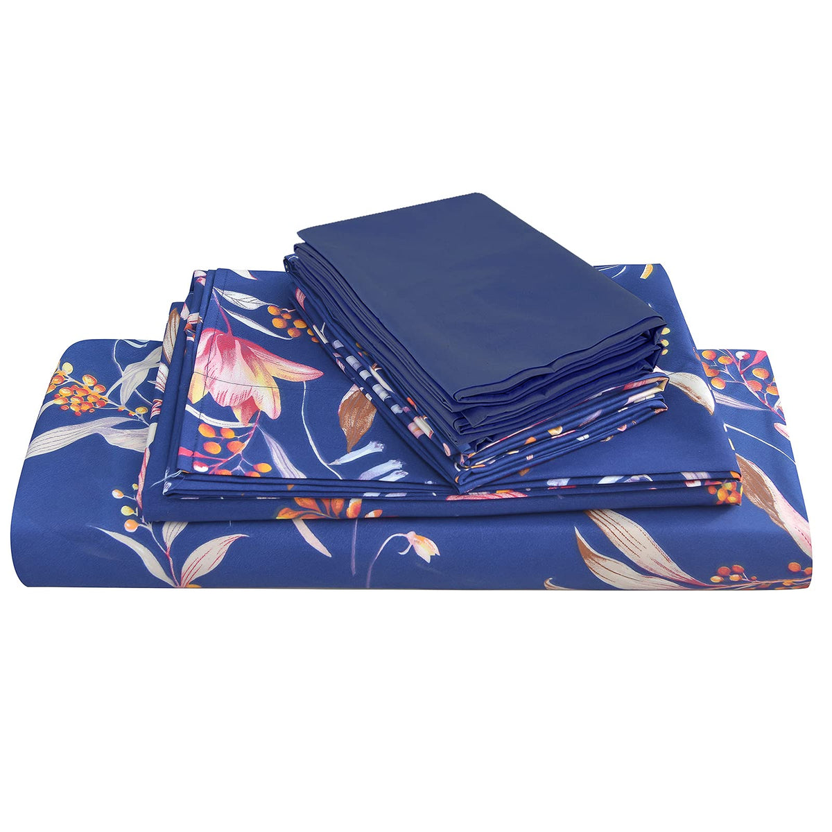 Jsd Navy Blue Floral Printed Sheet Set Queen 6 Piece, Soft Microfiber Botanical Pattern Bed Sheets Extra Deep Pocket