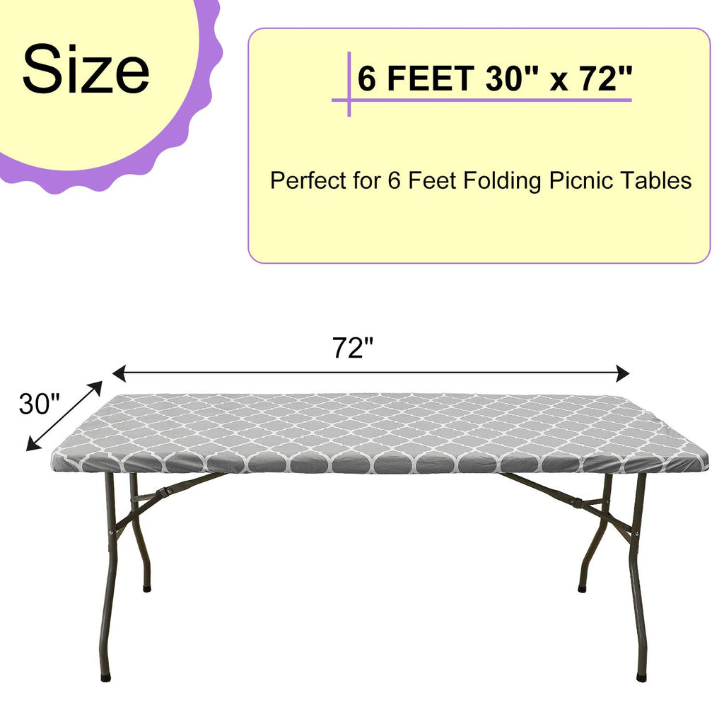 Vinyl Fitted Tablecloth For 6 Ft Rectangle Table, Gray Moroccan Design, Waterproof Elastic Table Cover With Flannel Backed Lining, Fits 30'X72' Folding Table, For Outdoor Picnics/Travel/Holiday/Party