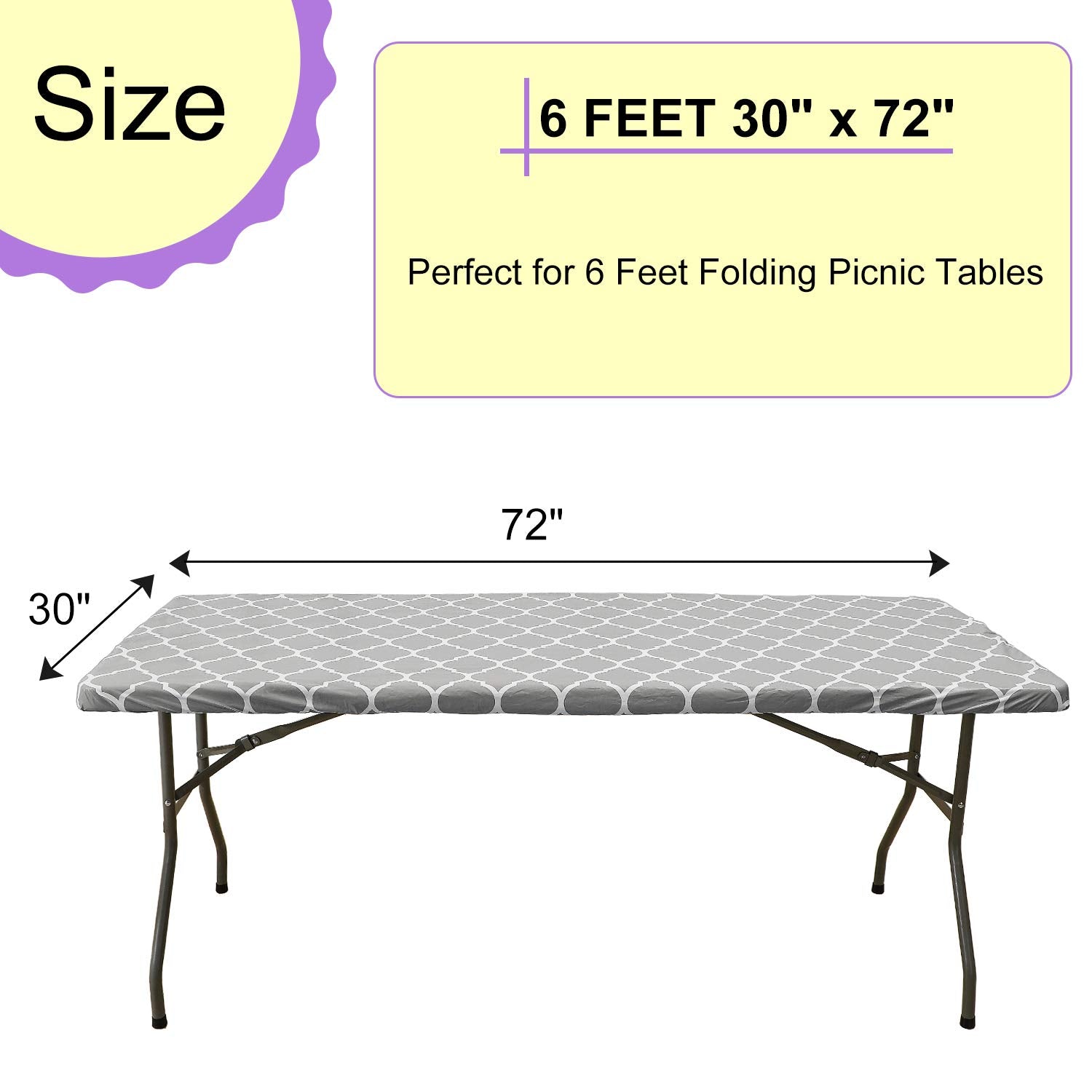 Vinyl Fitted Tablecloth For 6 Ft Rectangle Table, Gray Moroccan Design, Waterproof Elastic Table Cover With Flannel Backed Lining, Fits 30'X72' Folding Table, For Outdoor Picnics/Travel/Holiday/Party
