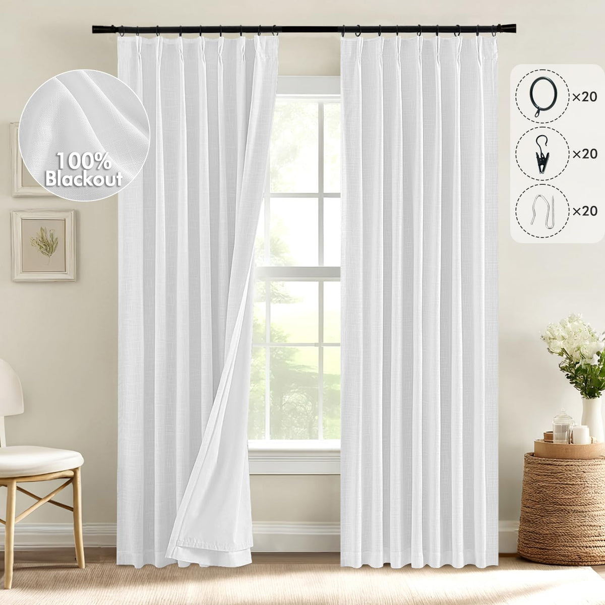 MIULEE White Pinch Pleated 100% Blackout Linen Curtains 108 Inch Long 2 Panels Set, Pleat Curtains with Pin Hooks, Black Out Lig
