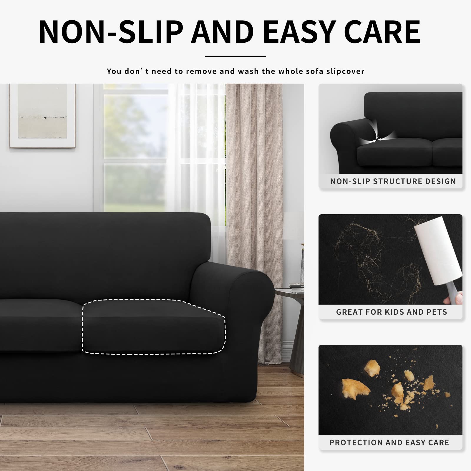 Easy-Going 100% Dual Waterproof 2 Pieces Chair Cover Stretch Soft Couch Cover For Dogs, Sofa Slipcover For 1 Separate Cushion Couch Leakproof Furniture Protector For Kids, Pets Black