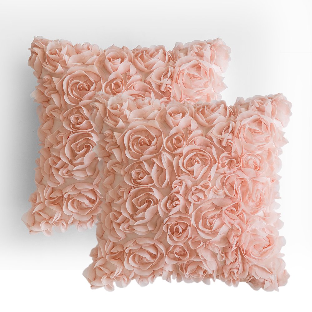 Miulee Pack Of 2 3D Decorative Spring Romantic Stereo Chiffon Rose Flower Pillow Cover Solid Square Pillowcase For Sofa Bedroom