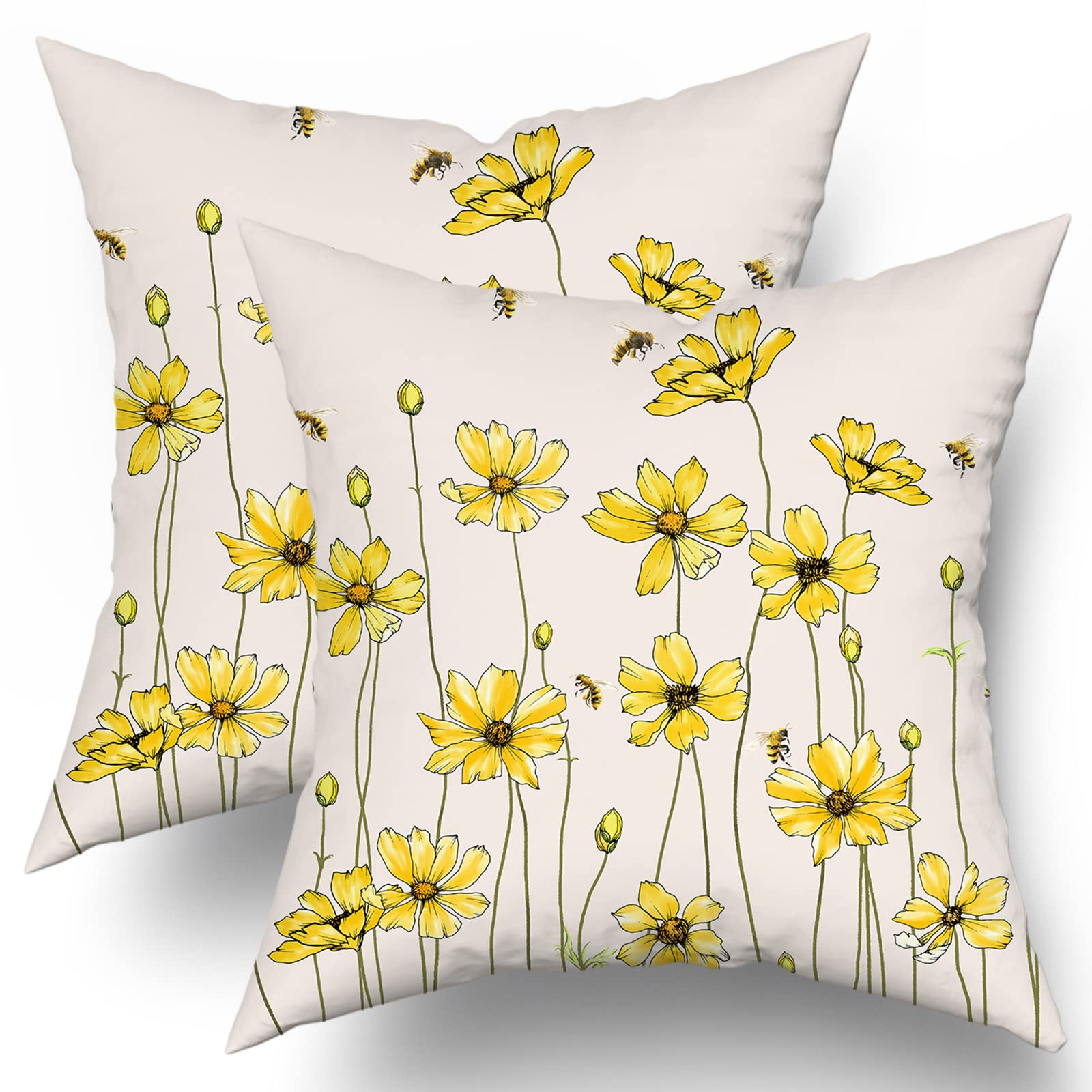 Kawani Spring Yellow Floral Pillow Covers 18X18 In Summer Coreopsis Bee Flowers Decorative Couch Pillow Cases Set Of 2 Farmhouse