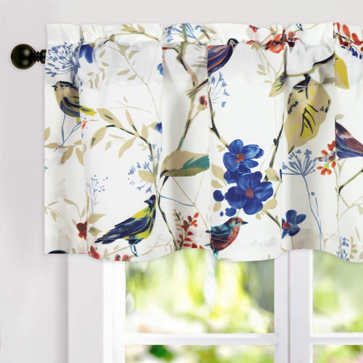 Vogol Cyan Leaves Print Curtains Valances, Birds Pattern Linen Textured Valance For Cafe Office, Rod Pocket Window Treatments Fo