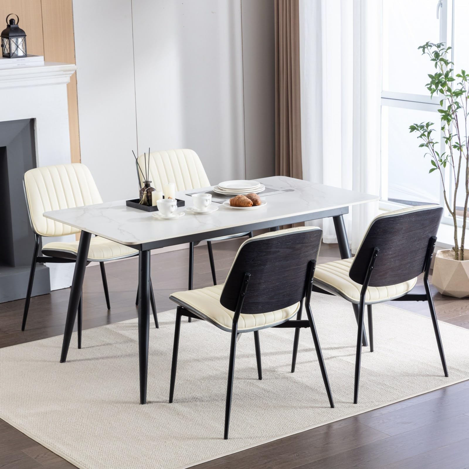 Yafiti Dining Chairs Set Of 4, Mid Century Modern Accent Dining Room And Kitchen Chairs, Upholstered Pu Leather Vertical Stripe