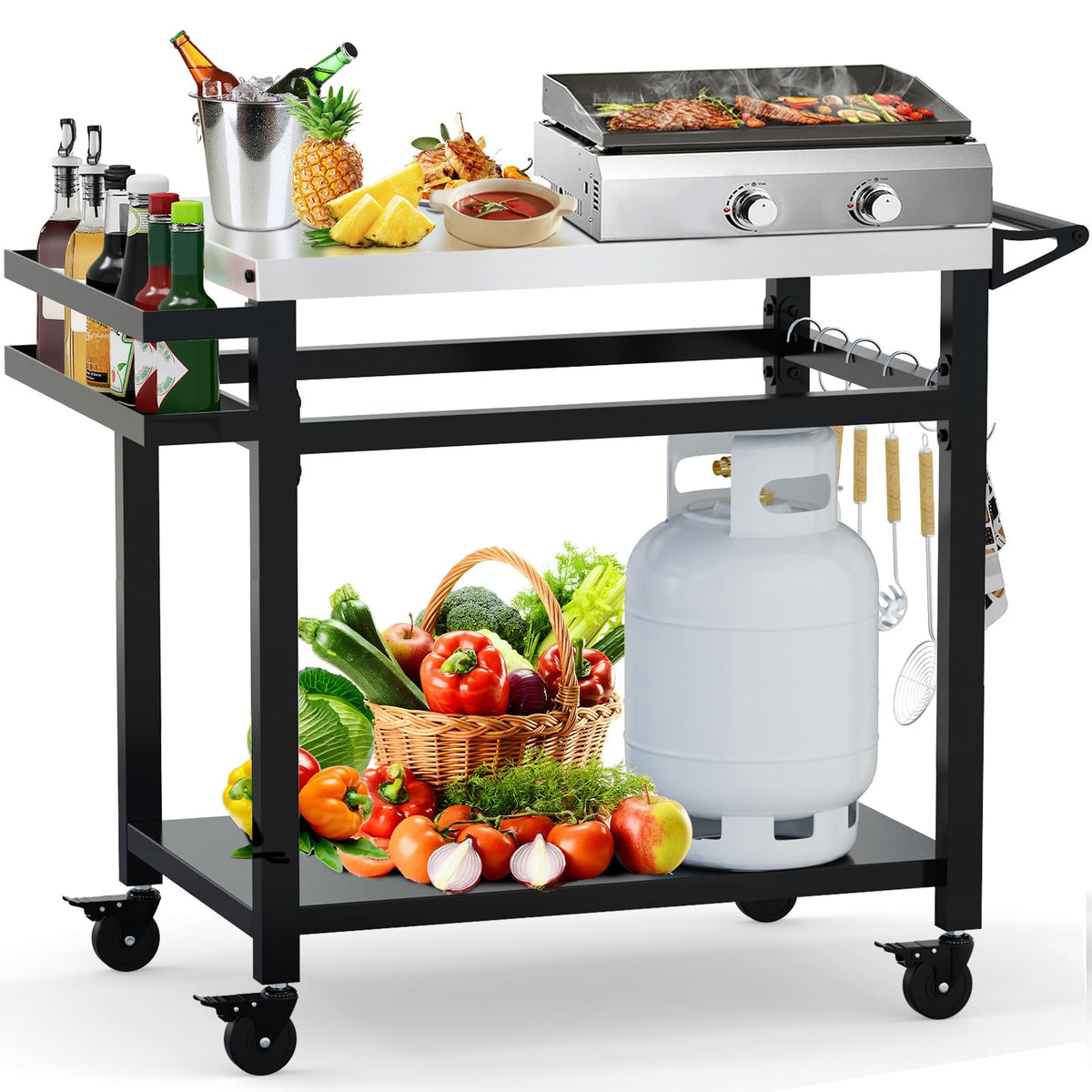 32'X 20' Stainless Steel Outdoor Grill Table, Movable Grill Cart, Outdoor Kitchen Island Prep Stand Station, Pizza Oven Table,