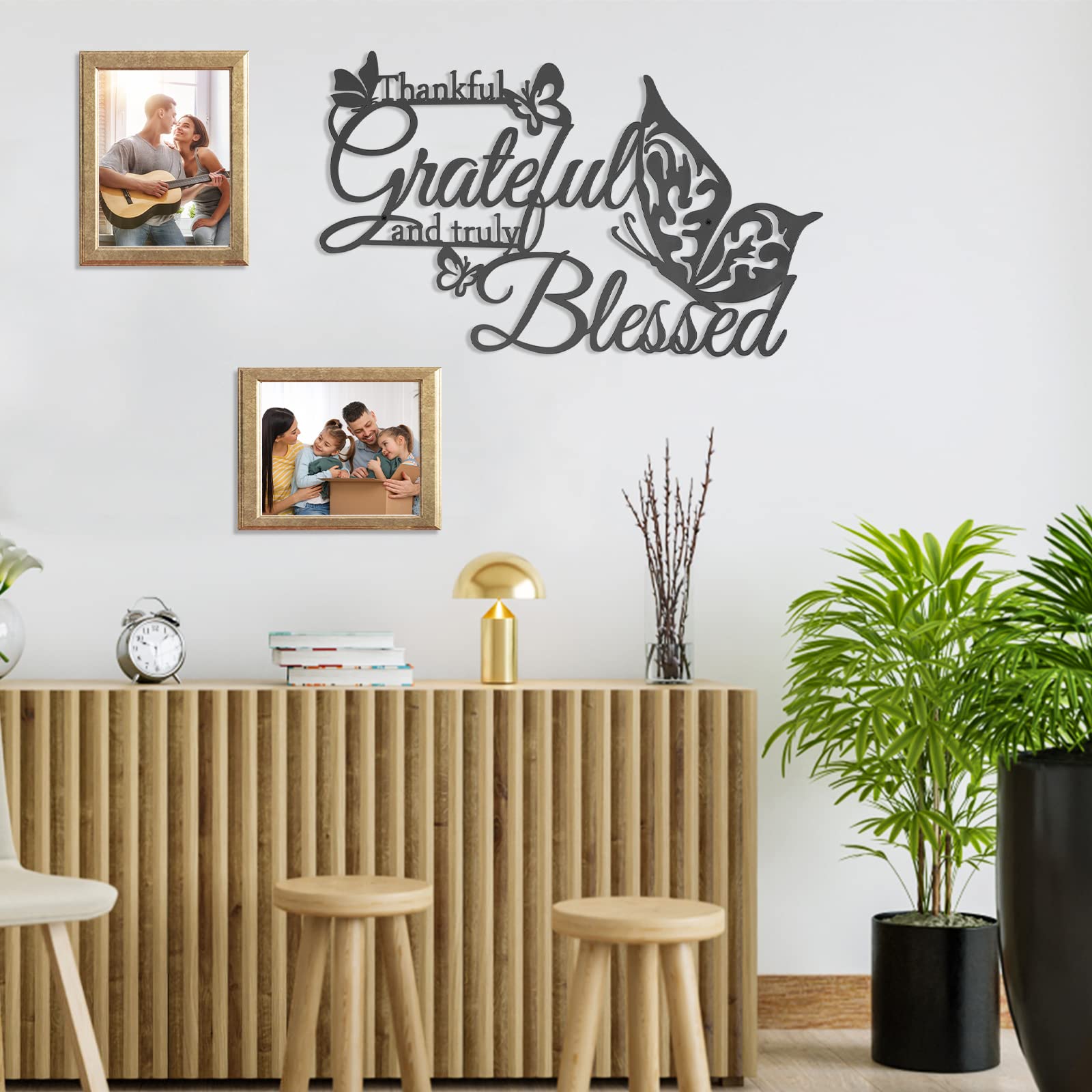 Khayrovies Thankful Grateful And Truly Blessed Art Word Wall Sign Decor, Black Metal Hanging Wall Home Decoration With Butterfli