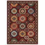 HomeRoots 509211 6 x 9 ft. Red Blue Brown & Beige Oriental Power Loom Stain Resistant Rectangle Area Rug with Fringe