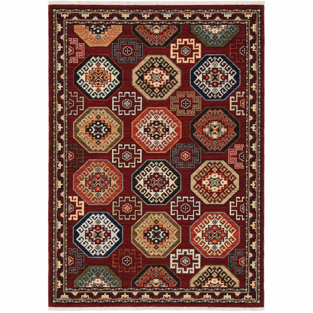 HomeRoots 509211 6 x 9 ft. Red Blue Brown & Beige Oriental Power Loom Stain Resistant Rectangle Area Rug with Fringe