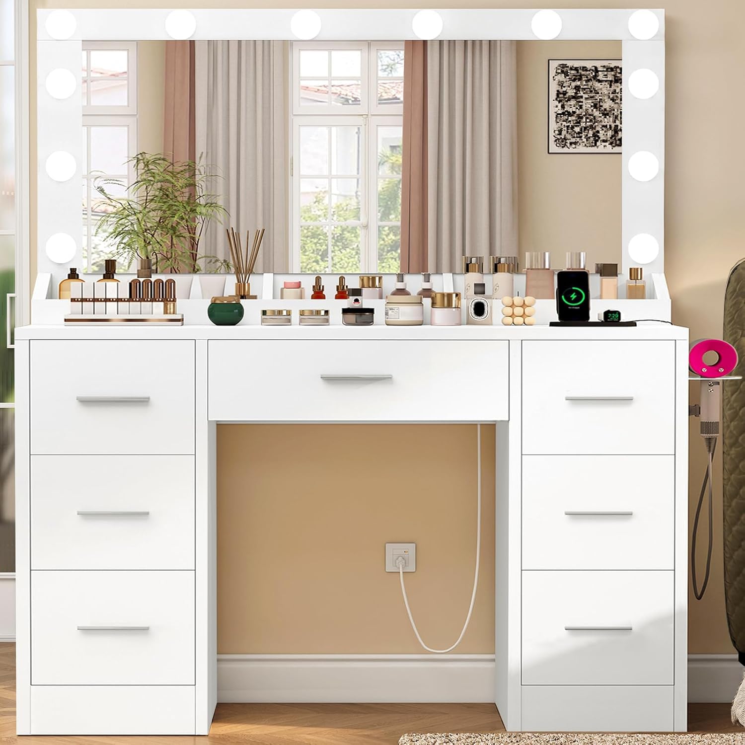 FIONESO Vanity with Large Mirror and 12 LED Lights, Vanity Desk with 7 Drawers & Hairdryer Holder, Makeup Vanity Desk with Charg