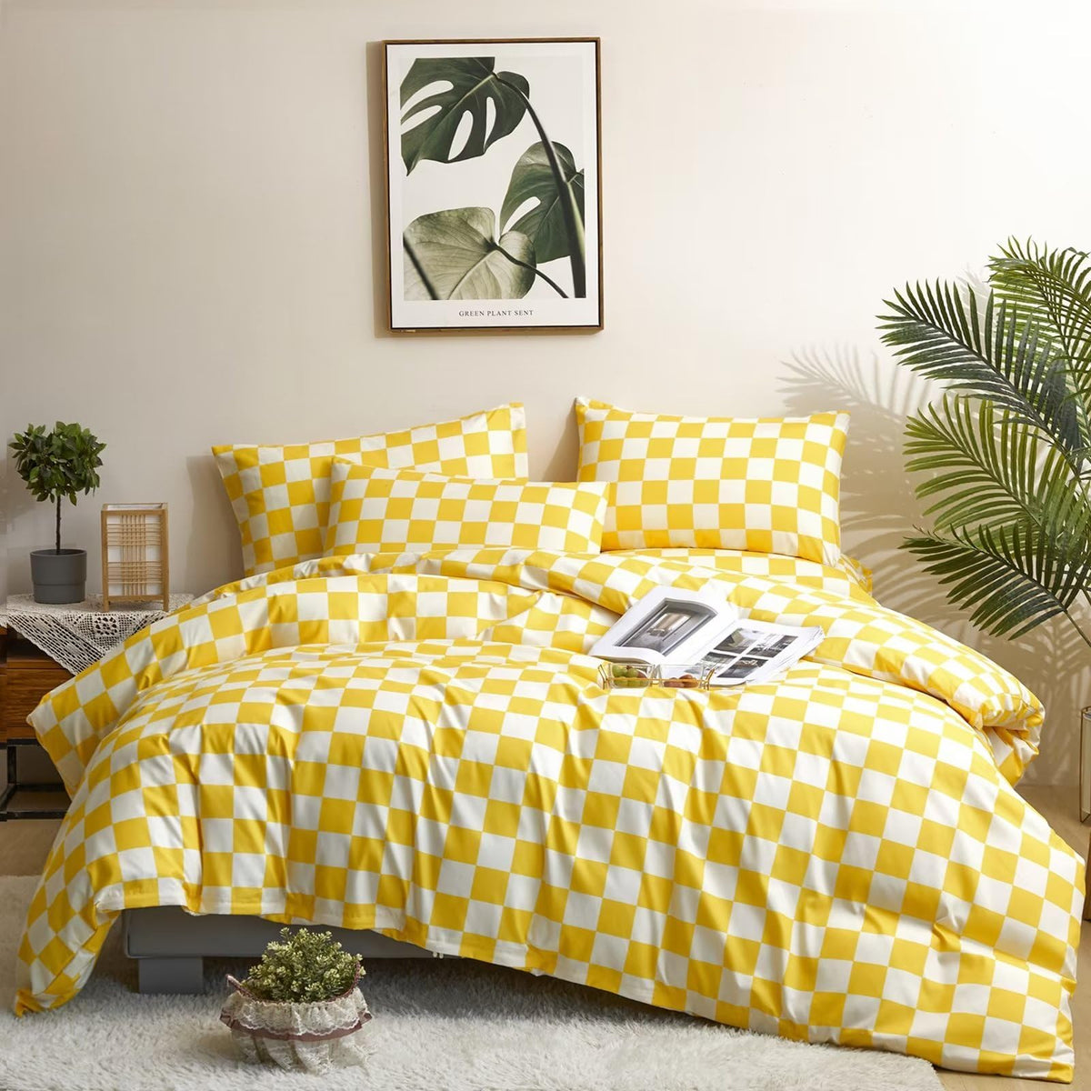 Houseri Plaid Comforter Set King 3 Pcs White And Light Yellow Buffalo Checkered Bedding King Size Soft Comfy Women Men Luxury Br