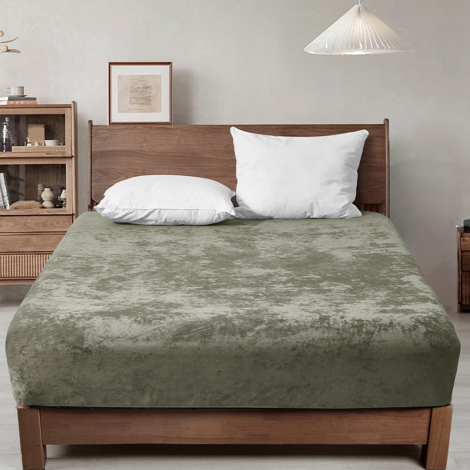 Phf Truly Velvet Fitted Sheet Only Full Size, Luxury Super Soft Cozy Comfy Fleece Bottom With 15' Deep Pocket, Suitable For Fall Winter And Spring, No Pillowcases, Smokey Olive
