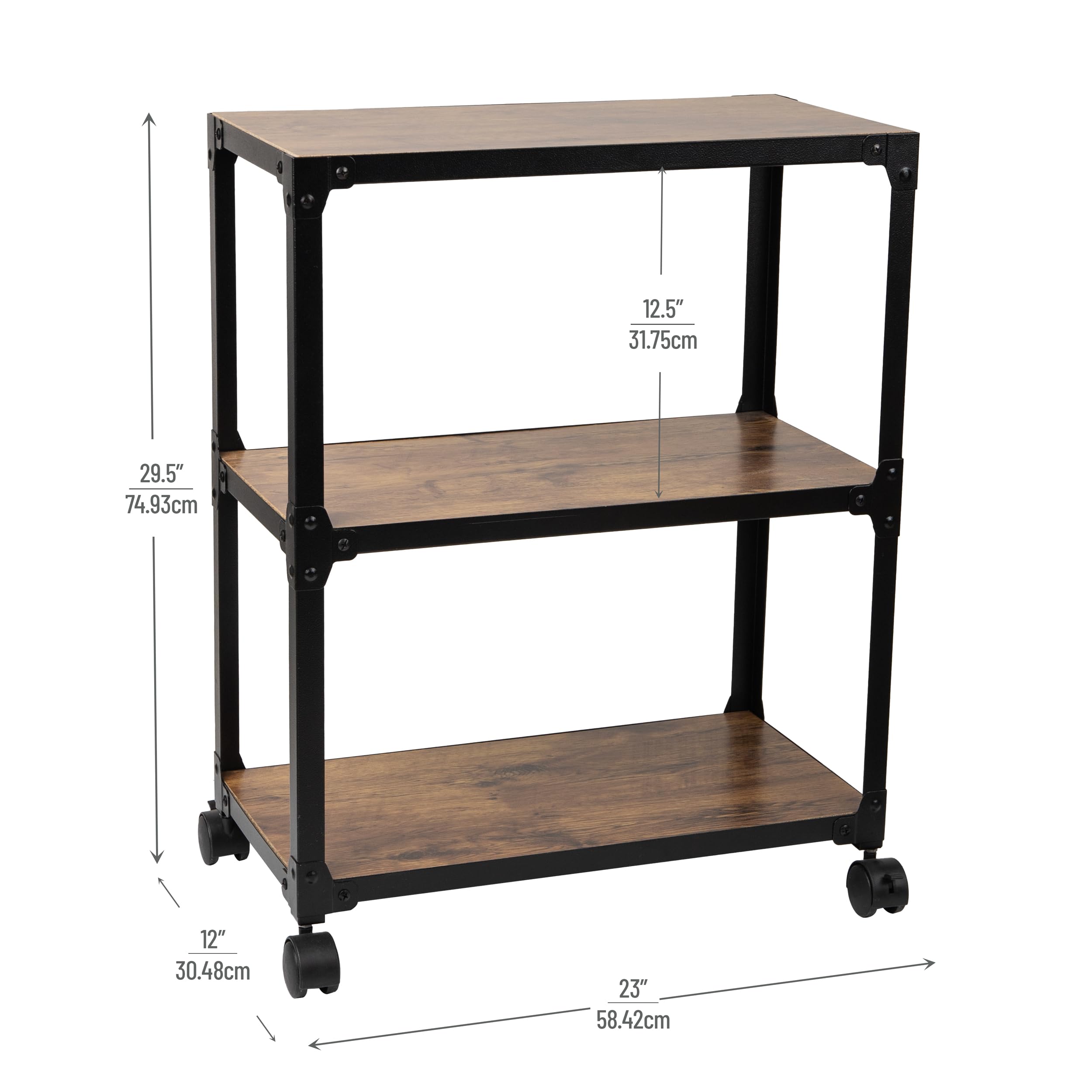 Mind Reader Woodland Collection, Rolling 3-Tier Kitchen Microwave Cart, Utility Cart, Bar Cart, Omnidirectional Smooth Gliding Lockable Wheels, Wood And Metal, Brown