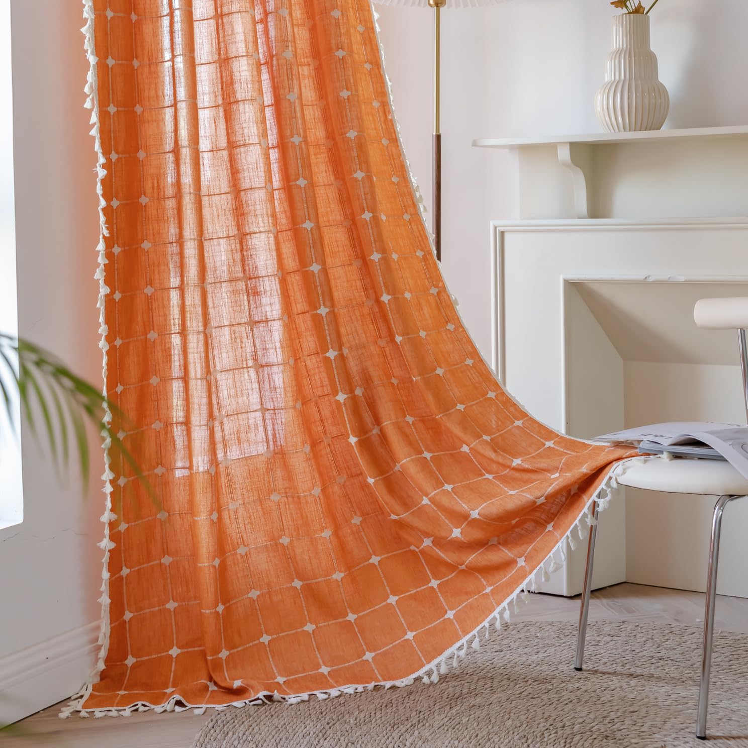 Sutuo Home Terracotta Boho Curtains for Kitchen,Semi Blackout Linen Plaids Farmhouse Tassels Window Treatment Bohemian Embroider