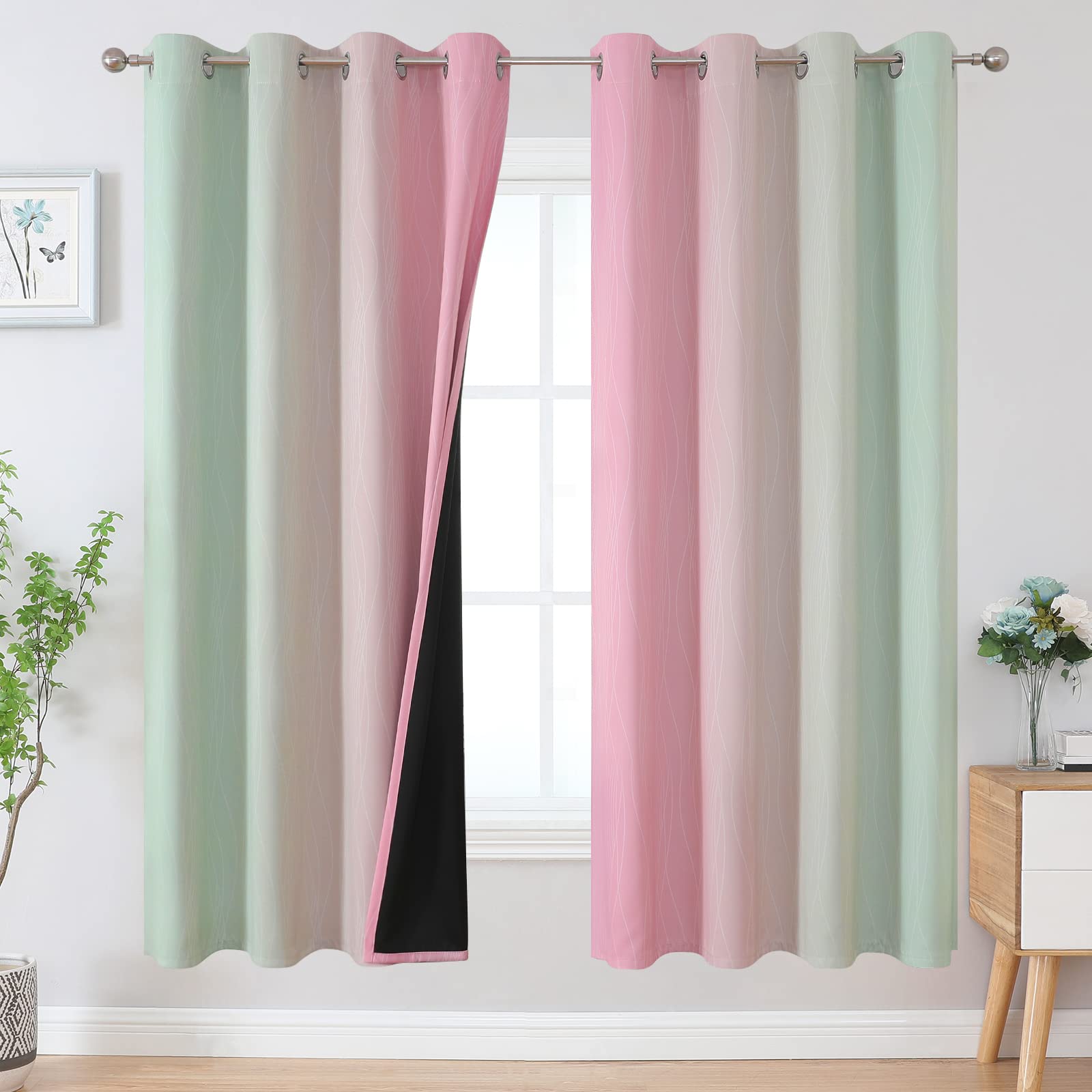 Estelar Textiler Ombre Sage Green And Pink Blackout Curtains For Living Room, Thermal Insulated Full Room Darkening Grommet Grad