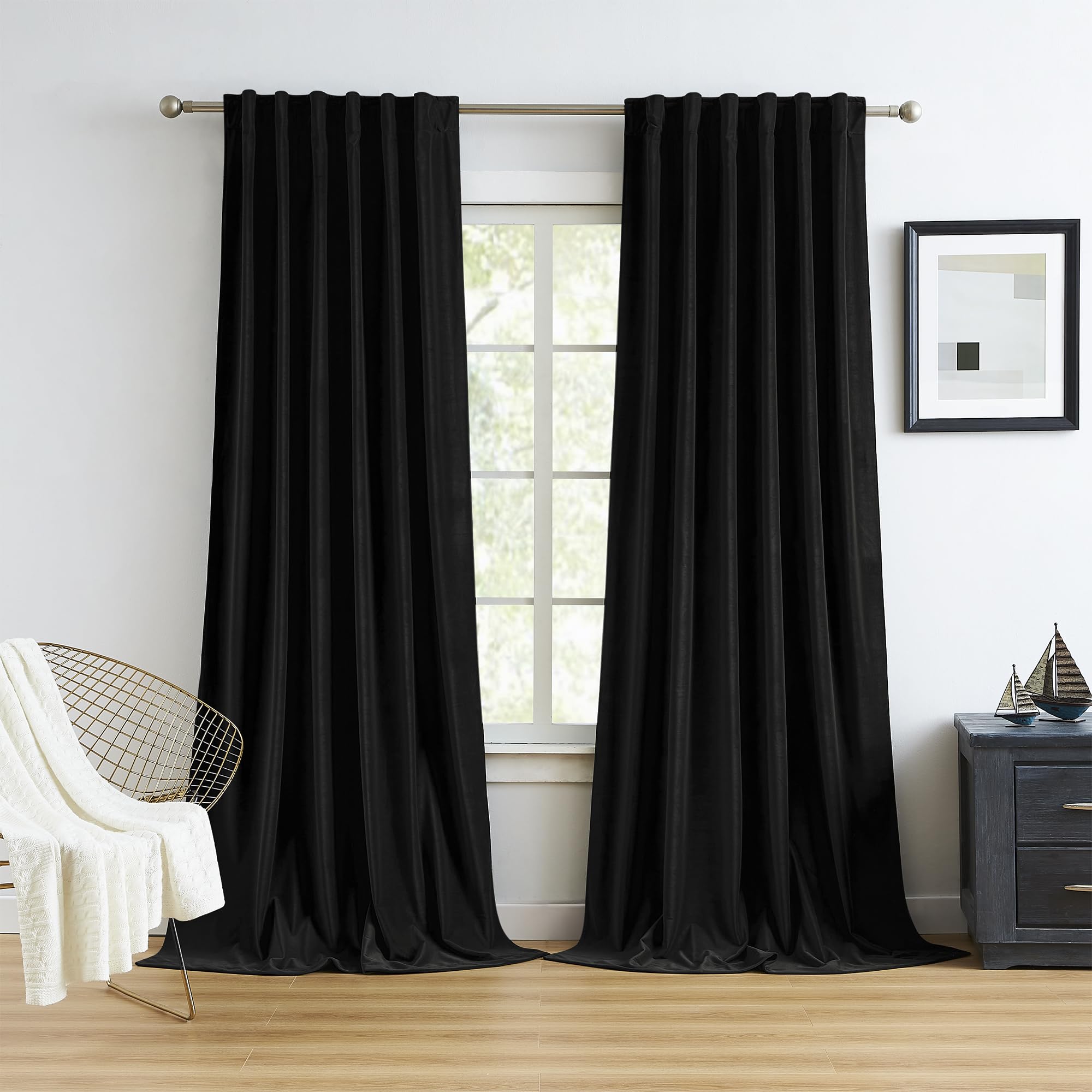 Mumfas Velvet Black Long Curtains 102 Inches Long 2 Panels, Extra Long Blackout Drapes For Living Room Thermal Insulated Heat Su