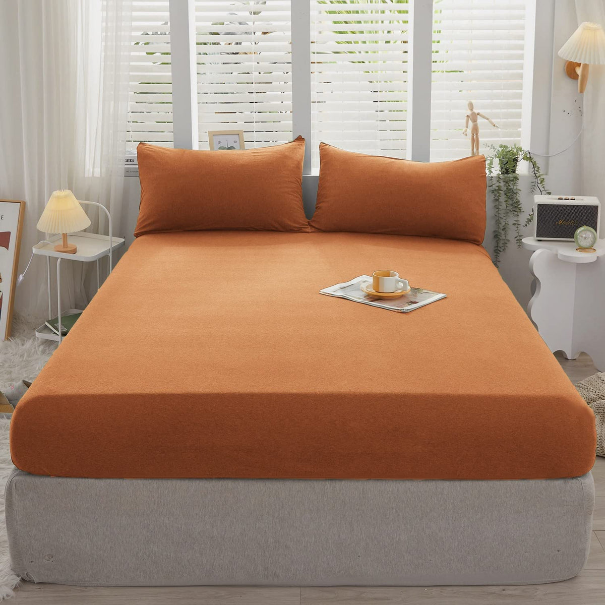 Lifetown 100% Jersey Knit Cotton Sheet, Extra Deep Pocket Sheet, 1 Fitted Sheet With 2 Pillowcases, Wrinkle-Free Ultra Soft (Bur