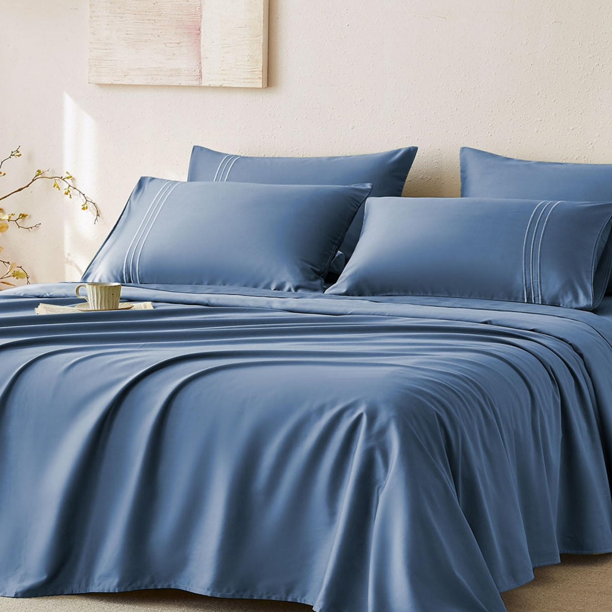 Jellymoni Full Sheet Sets Blue - 400 Thread Count 100% Cotton Sheets, 4 Pieces Silkly Sateen Cotton Sheet Set, Wrinkle Free Hote