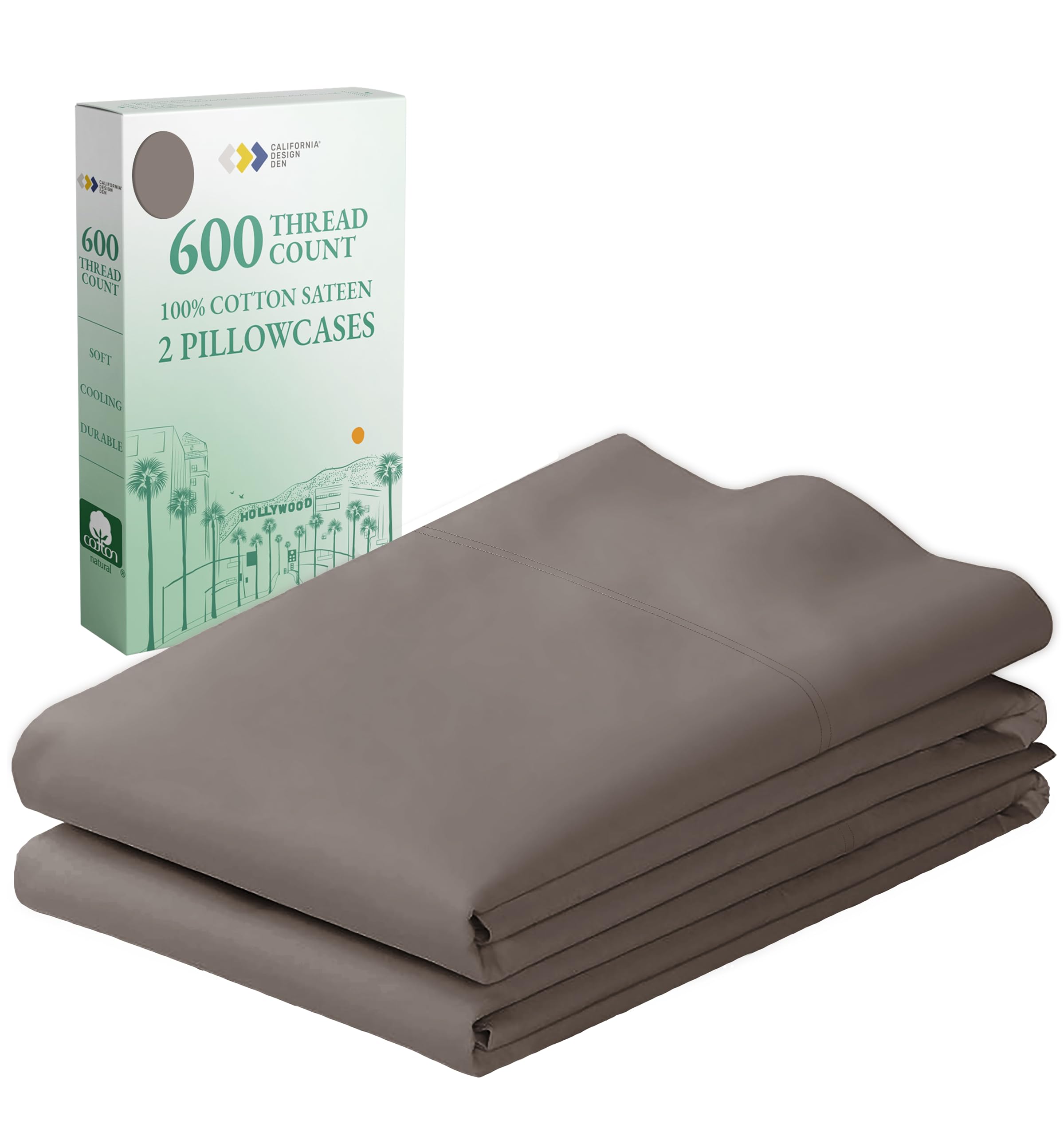 California Design Den Luxuriously Soft Hotel Quality 600 Thread Count, 100% Cotton Queen Pillowcases Set Of 2, Crisp & Cool Standard Pillow Covers Fits Standard & Queen Pillows (Brown)