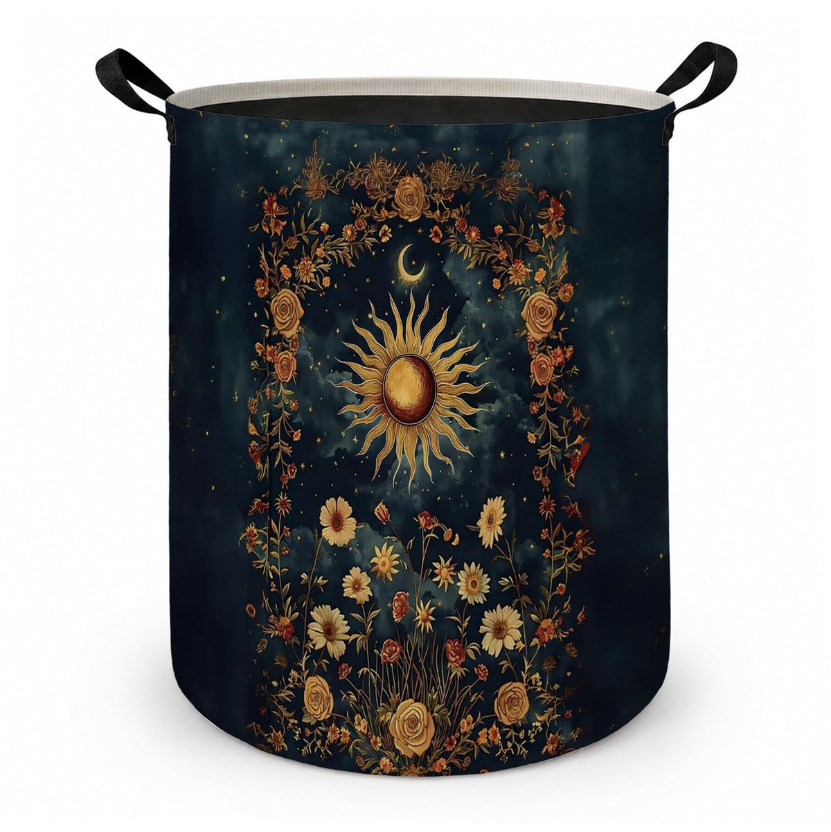 Fyecoluo Boho Sun and Moon Floral Laundry Basket with Handles, Mystical Celestial Witchy Wildflower Laundry Hamper Waterproof Co