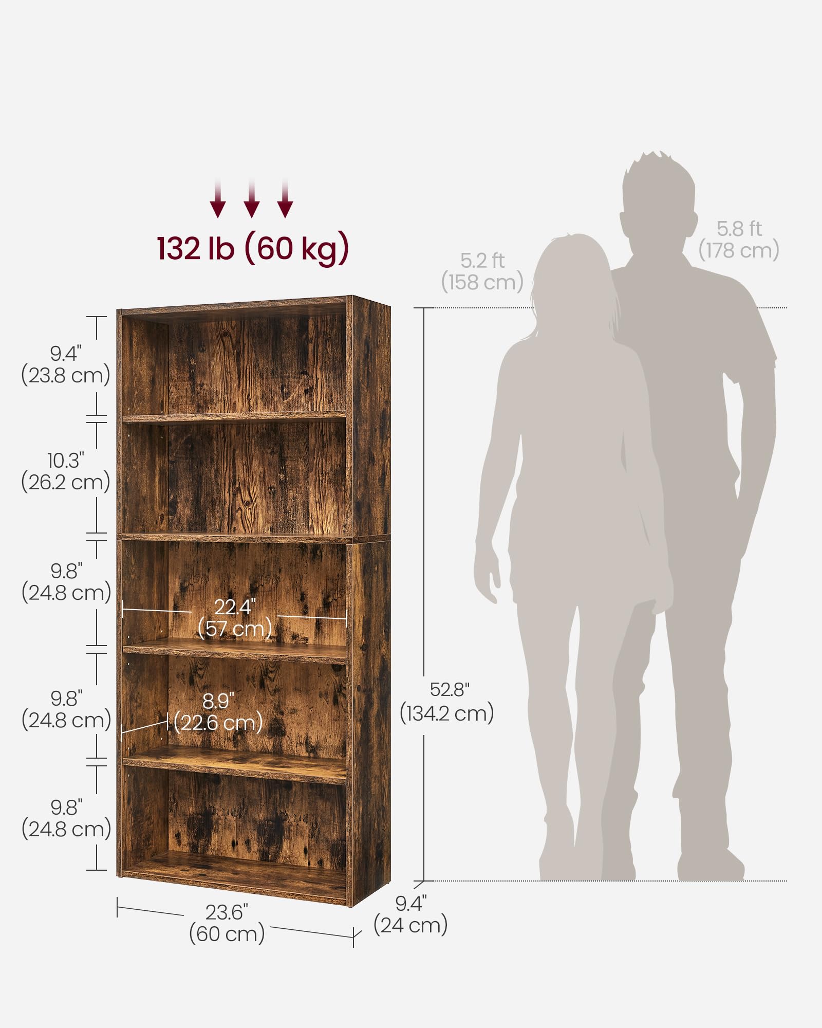 Vasagle Bookshelf, 23.6 Inches Wide, 5-Tier Open Bookcase With Adjustable Storage Shelves, Floor Standing Unit, Rustic Brown Ulbc165X01