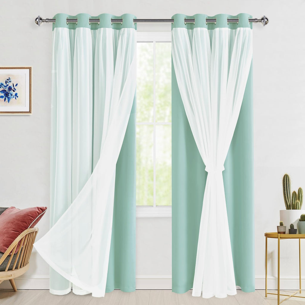 Hiasan Aqua Blackout Curtains with Sheer 84 Inches Long, Thermal Insulated Mix Match Double Layer Room Darkening Curtains for Be