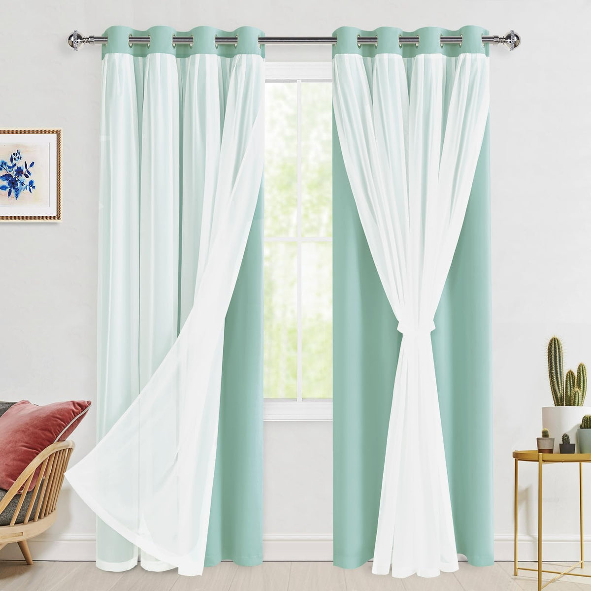 Hiasan Aqua Blackout Curtains with Sheer 84 Inches Long, Thermal Insulated Mix Match Double Layer Room Darkening Curtains for Be