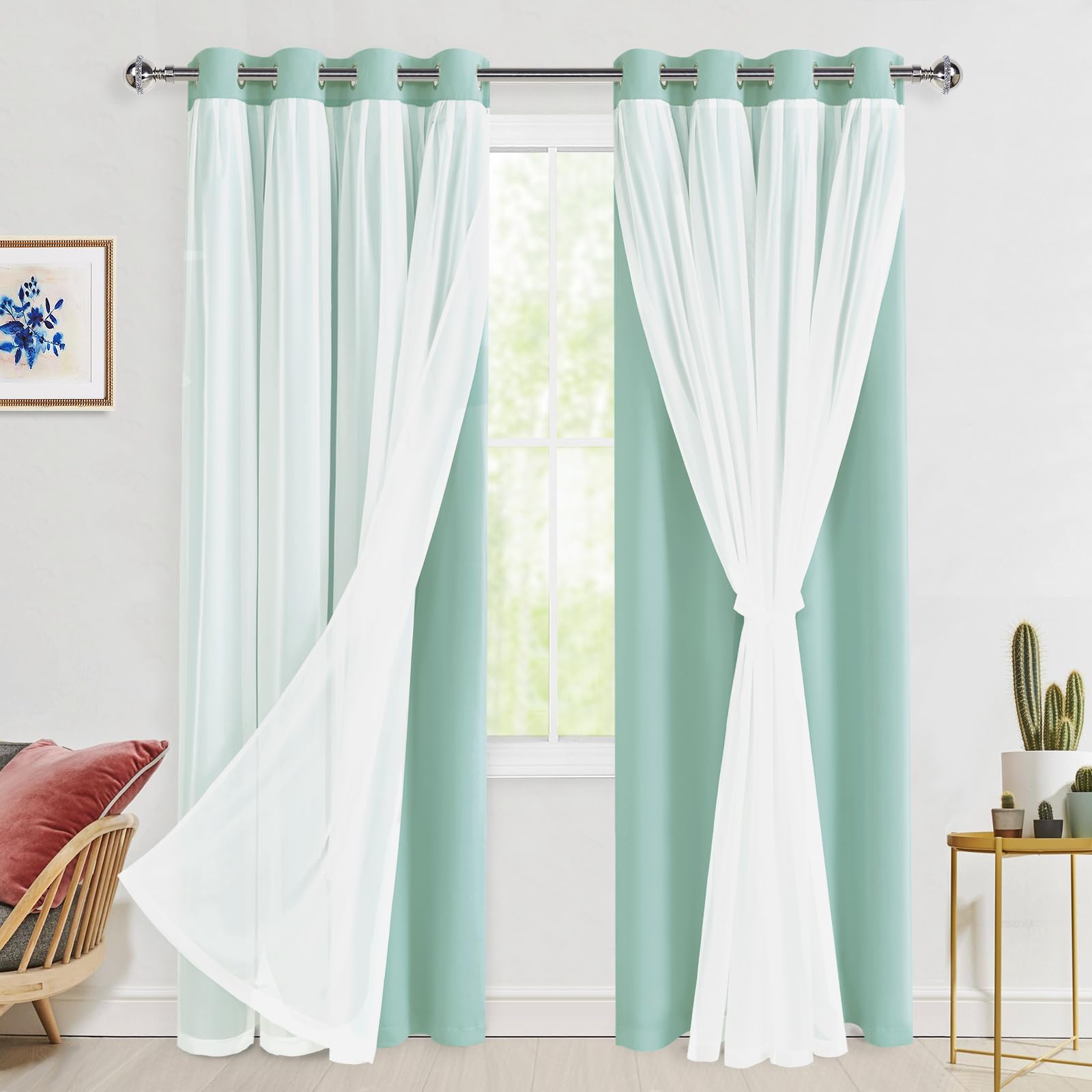 Hiasan Aqua Blackout Curtains with Sheer 84 Inches Long, Thermal Insulated Mix Match Double Layer Room Darkening Curtains for Be
