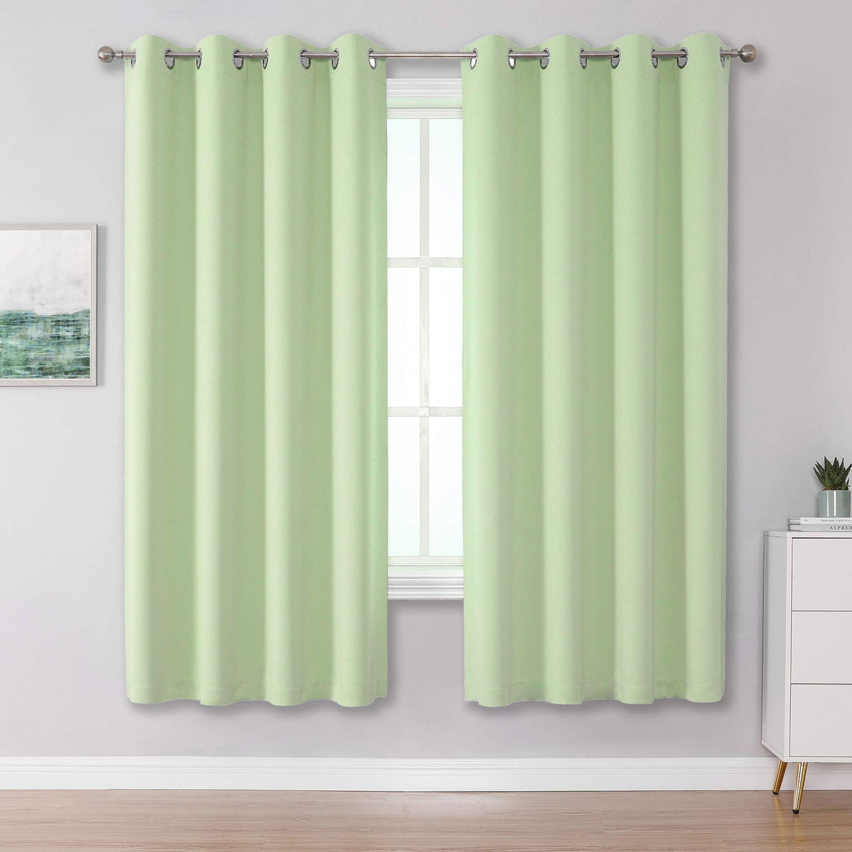 Dualife Light Green Blackout Curtain Panels/Drapes For Living Room 63 Inch Length Solid Energy Efficient Room Darkening Bedroom