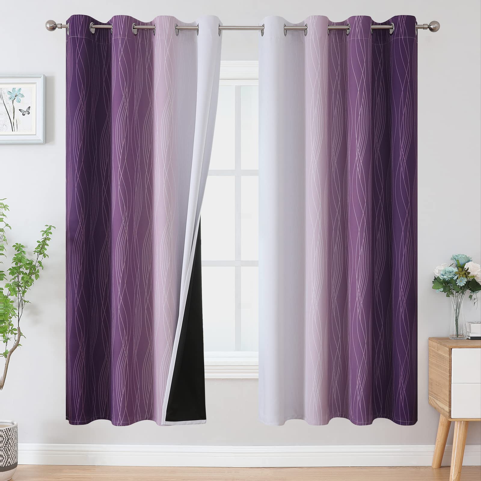 Estelar Textiler Purple And Greyish White Blackout Curtains 72 Inch Length 2 Panels Set, Room Darkening Grommet Ombre Curtains F