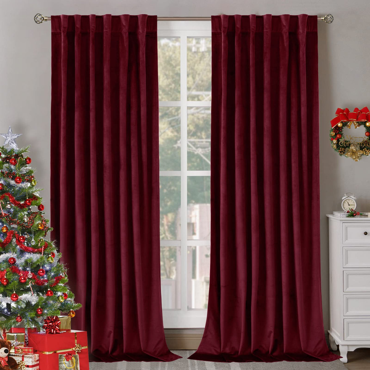 Bgment Christmas Red Velvet Curtains 96 Inches For Living Room, Thermal Room Darkening Curtains Sound Reduce Drapes With Back Ta