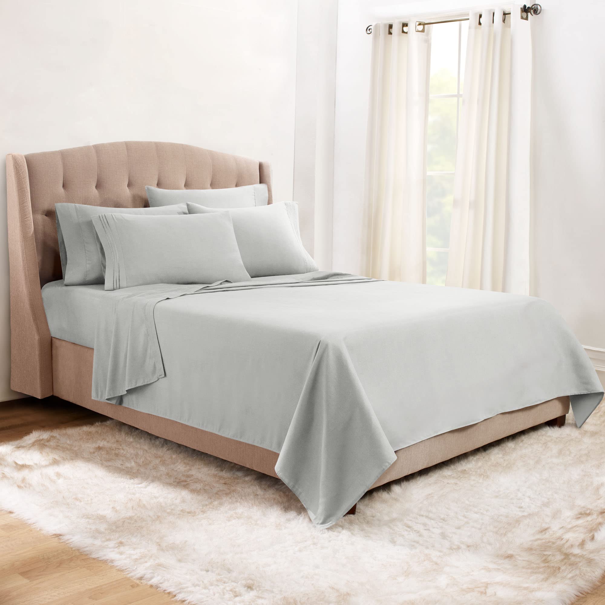 Clara Clark 5 Piece Twin Bed Sheet Set - Silver, Microfiber, Luxury Hotel Quality, Deep Pocket, Fade Resistant, 1800 Thread Count, Breathable, 3 Pillowcases & Fitted & Flat Sheet