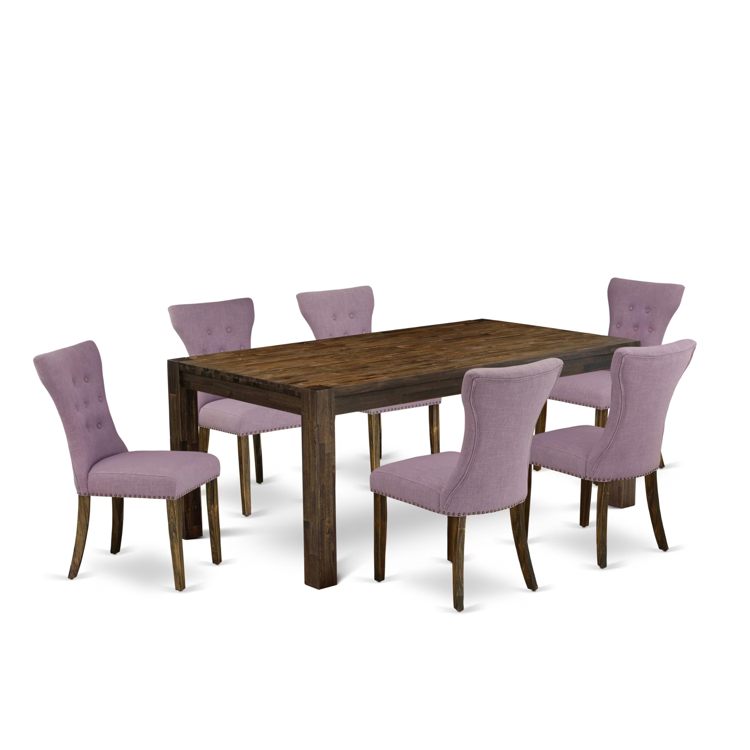 East West Furniture Lmga7-77-40 7 Piece Dining Room Table Set Consist Of A Rectangle Rustic Wood Kitchen Table And 6 Dahlia Linen Fabric Parson Dining Chairs, 40X72 Inch, Jacobean