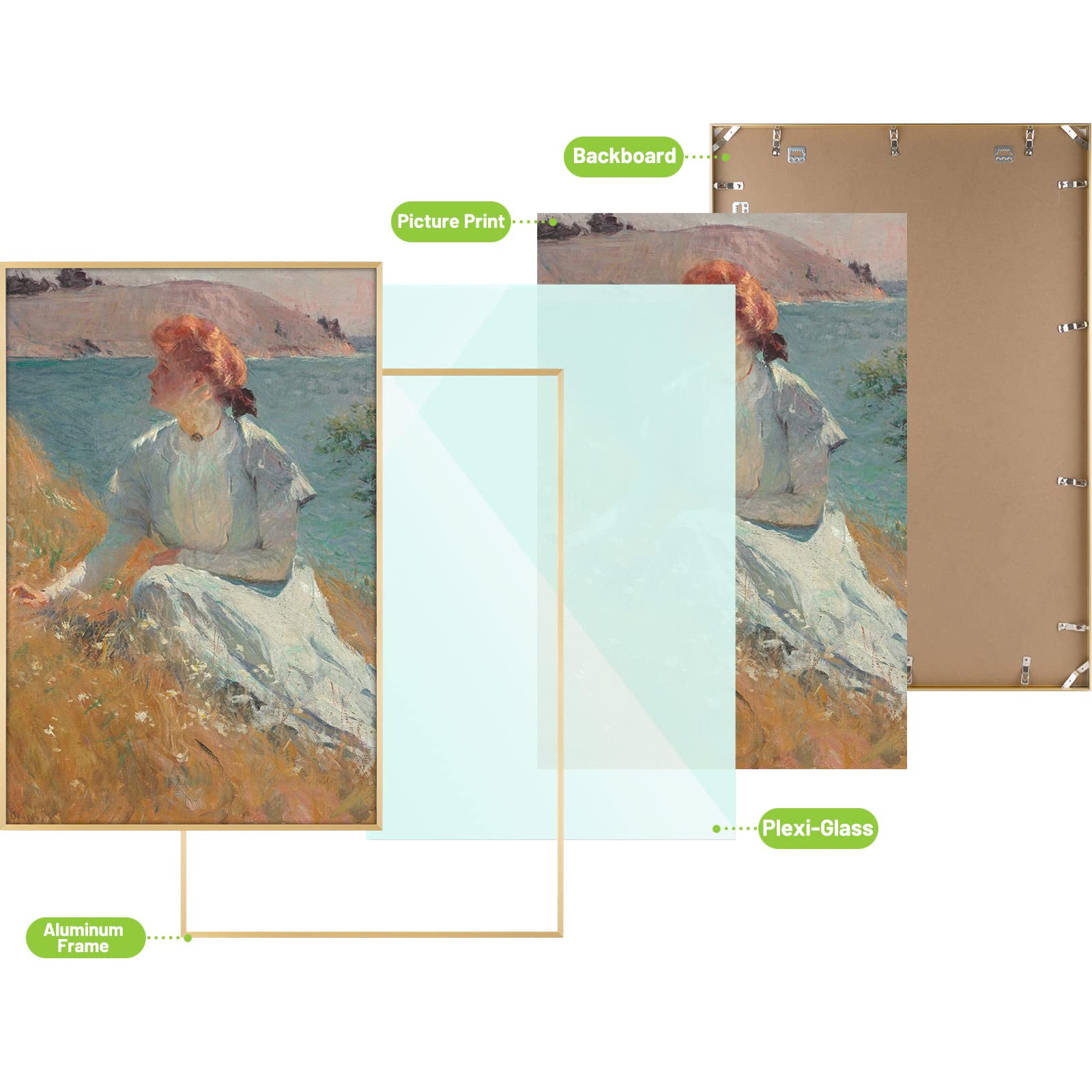 Golden State Art, 24X36 Aluminum Gold Photo Frame With Plexiglass - Swivel Tabs, Sawtooth Hangers, Spring Clips - Metal Wall Pos