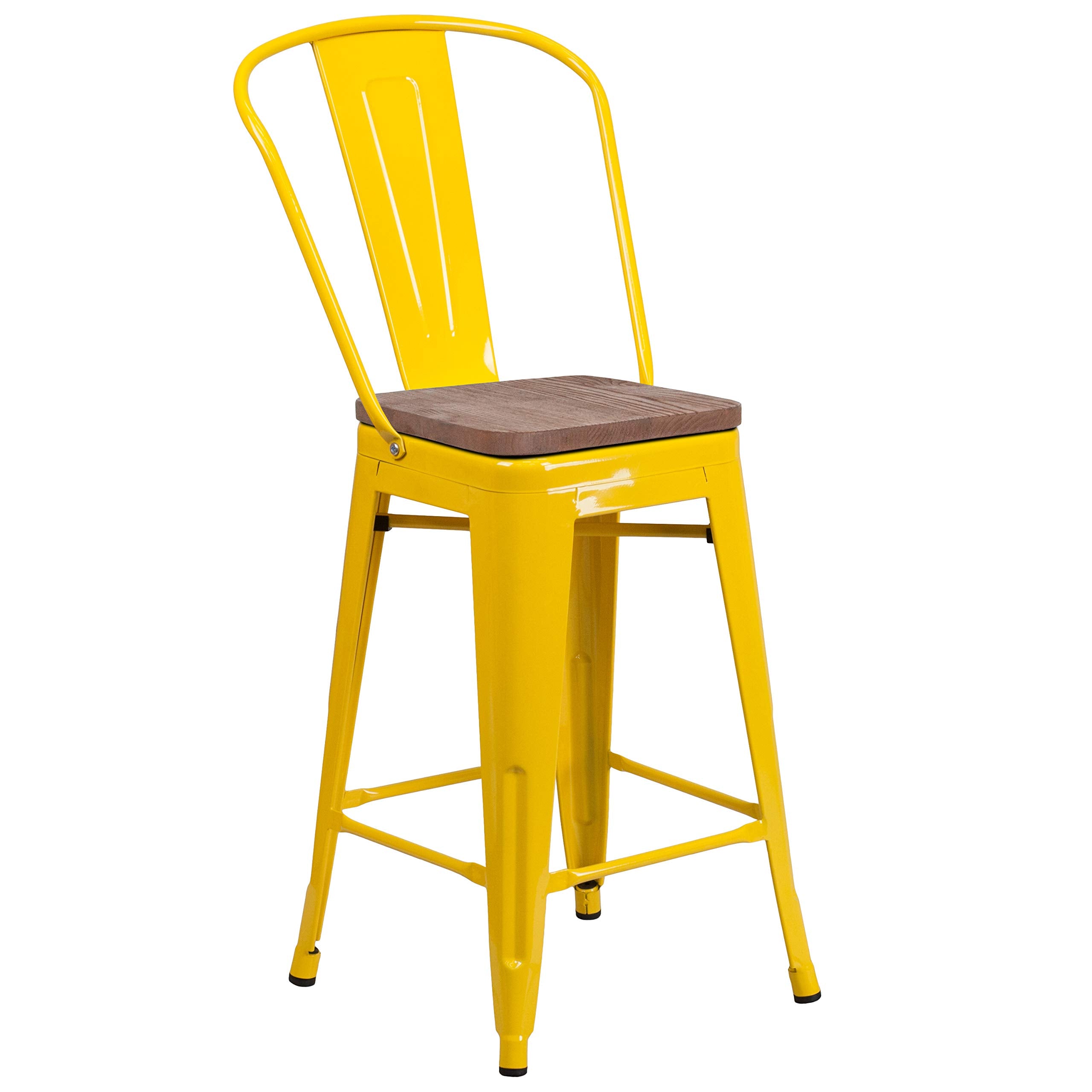 Flash Furniture Lily 24&quot; High Yellow Metal Counter Height Stool With Back And Wood Seat (Pack Of 1)
