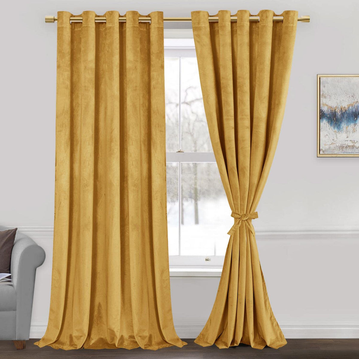 Jiuzhen Velvet Curtains For Living Room - Thermal Insualted Room Darkening Grommet Window Drapes For Bedroom, 60 X 84 Inches, Ye