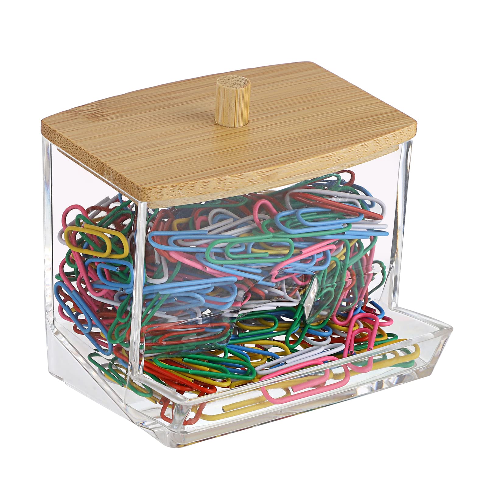 Btsky Clear Paper Clip Holder With Bamboo Lid Thick Acrylic Self-Dispensing Office Supply Accessory Organizer Small Storage Hold