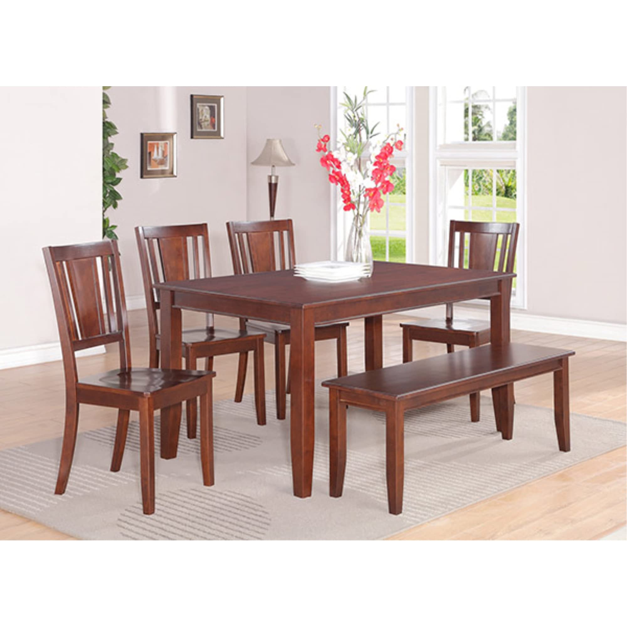 East West Furniture DUDL6-MAH-W Dudley 6 Piece Dining Set Contains a Rectangle Solid Wood Table and 4 Kitchen Chairs with a Bench, 36x60 Inch