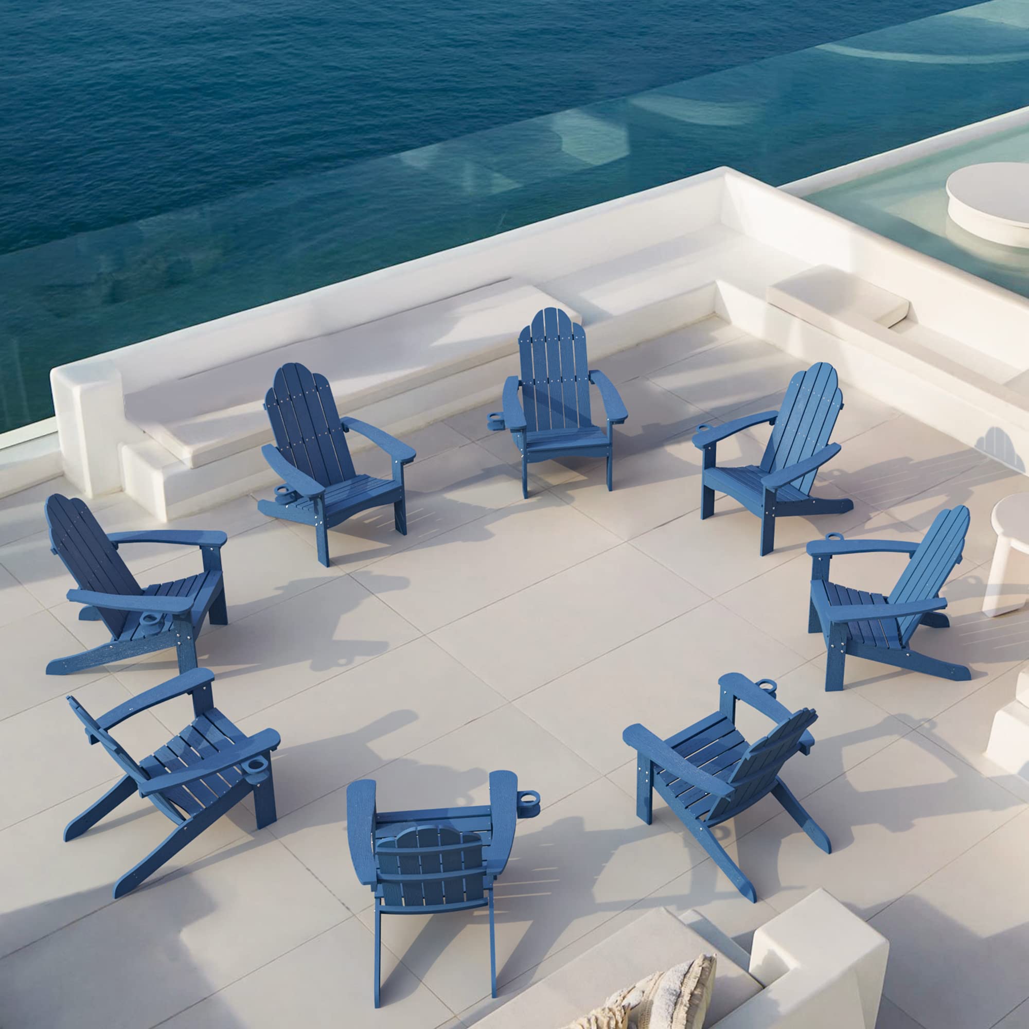 Lue Bona Poly Adirondack Chairs Set Of 8, Navy Blue Adirondack Chairs With Cup Holder, 350Lbs Modern Adirondack Chair Weather Resistant, Plastic Patio Adirondack Chair For Fire Pit, Backyard