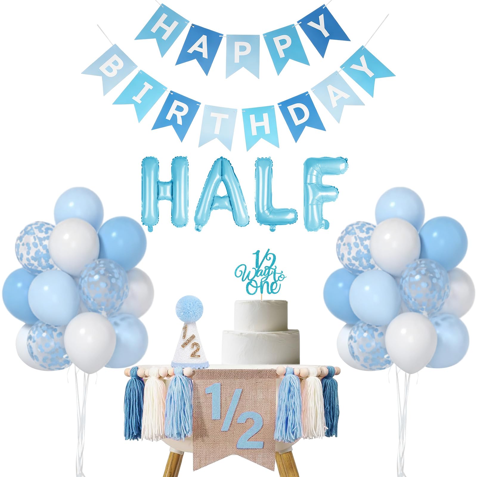1/2 Birthday Boy Half Birthday Decorations - Blue Party Supplies with Banner, Hat, Cake Topper, and Balloons for 6 Months Baby
