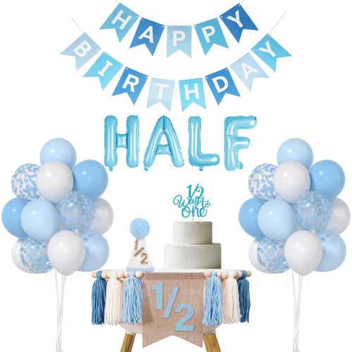 1/2 Birthday Boy Half Birthday Decorations - Blue Party Supplies with Banner, Hat, Cake Topper, and Balloons for 6 Months Baby