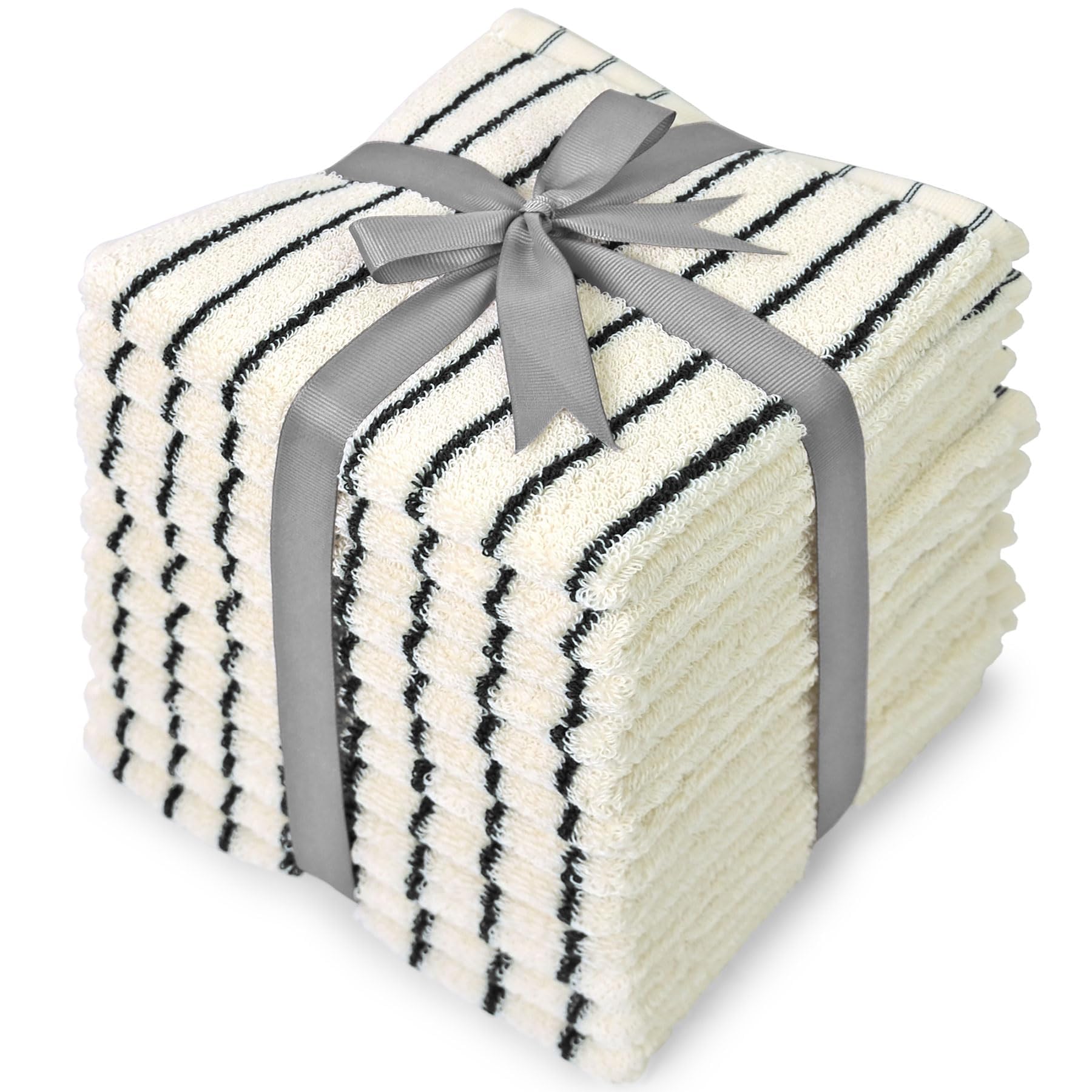 Jacquotha Striped Cotton Washcloths 12 Pack, 13 x 13 - Soft Wash Cloths for Bathroom, Kitchen, Gym, Face, Black and Cream