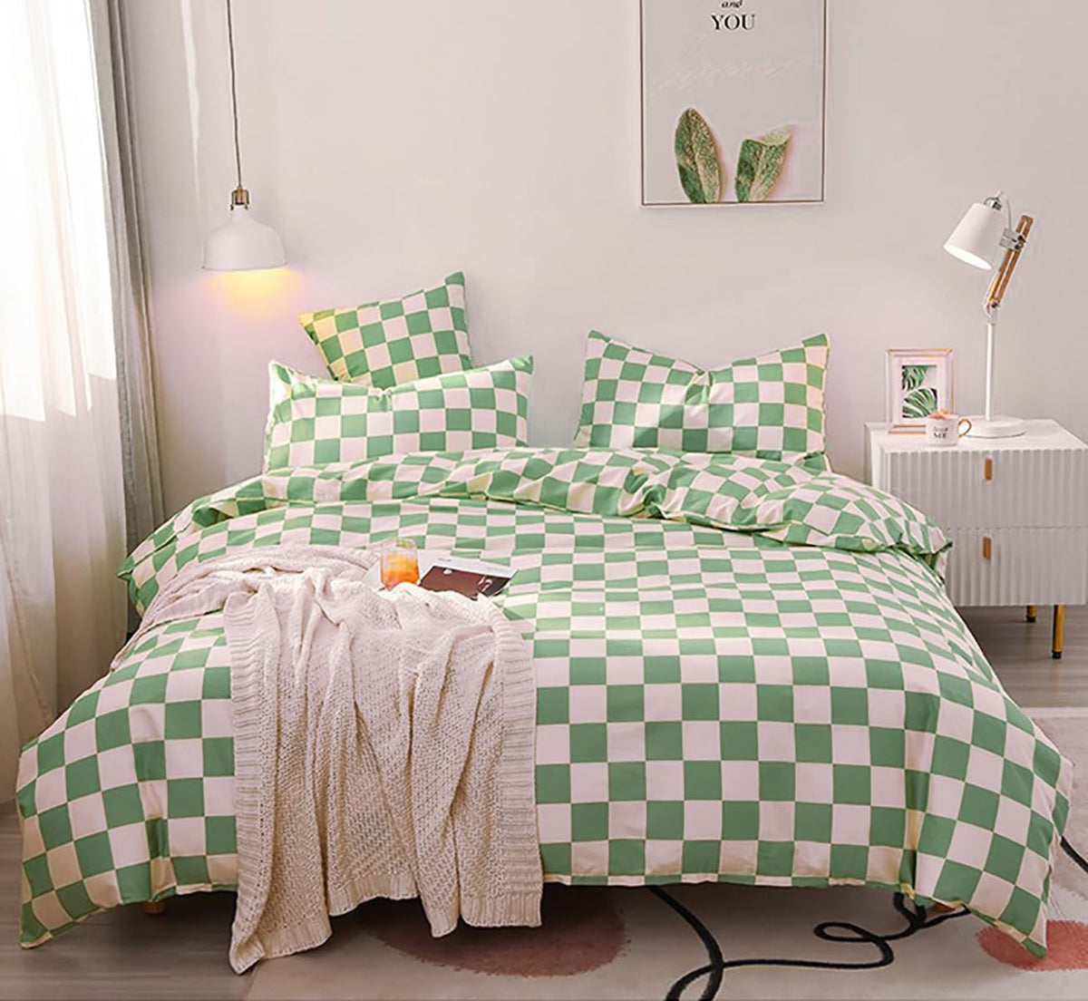 Karever Green White Grid Comforter Set King Sage Green Plaid Bedding Set Women Light Green White Checkered Bed Comforter Set Bre