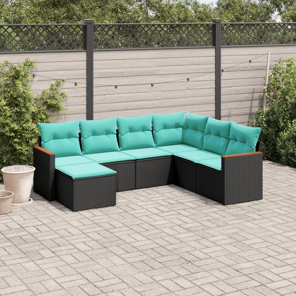 vidaXL Patio Sofa Set - 7 Piece Black Poly Rattan Outdoor Garden Furniture with Cushions, Washable Covers, Storage
