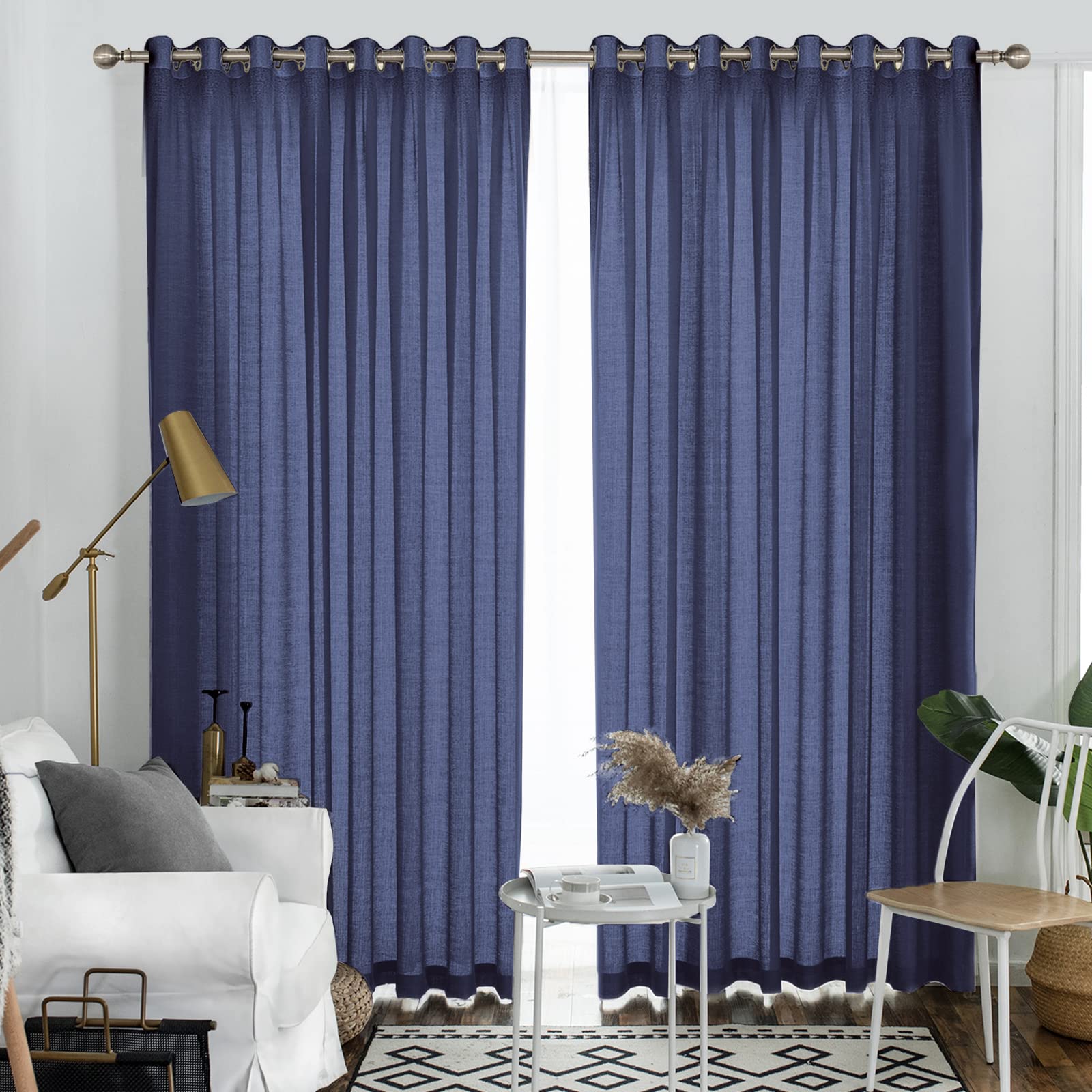 Melodieux Navy Semi Sheer Curtains 108 Inches Long For Living Room, Bedroom Extra Long Linen Look Rustic Grommet Voile Drapes, 5