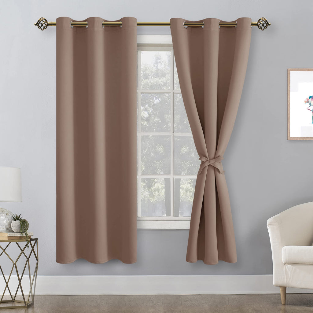 Hiasan Blackout Curtains For Bedroom, 42 X 63 Inches Length - Thermal Insulated & Light Blocking Window Curtains For Living Room, 2 Drape Panels Sewn With Tiebacks, Cappuccino
