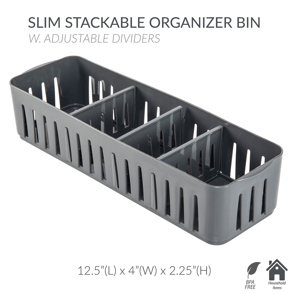 Simplify 4 Compartment Stackable Bin With Adjustable Dividers | Drawer Organizer | Storage Basket | Good For Office | Desk Suppl