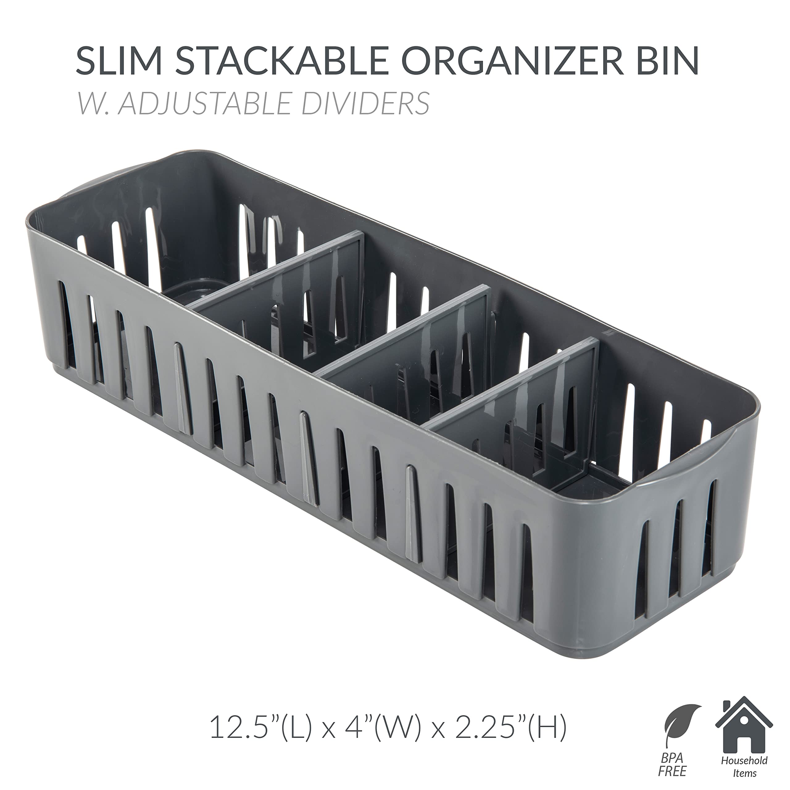 Simplify 4 Compartment Stackable Bin With Adjustable Dividers | Drawer Organizer | Storage Basket | Good For Office | Desk Suppl